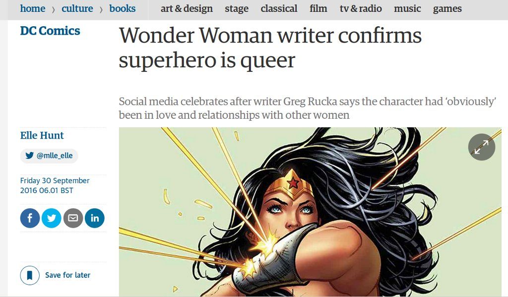 Story page of The Guardian's website: Wonder Woman is queer