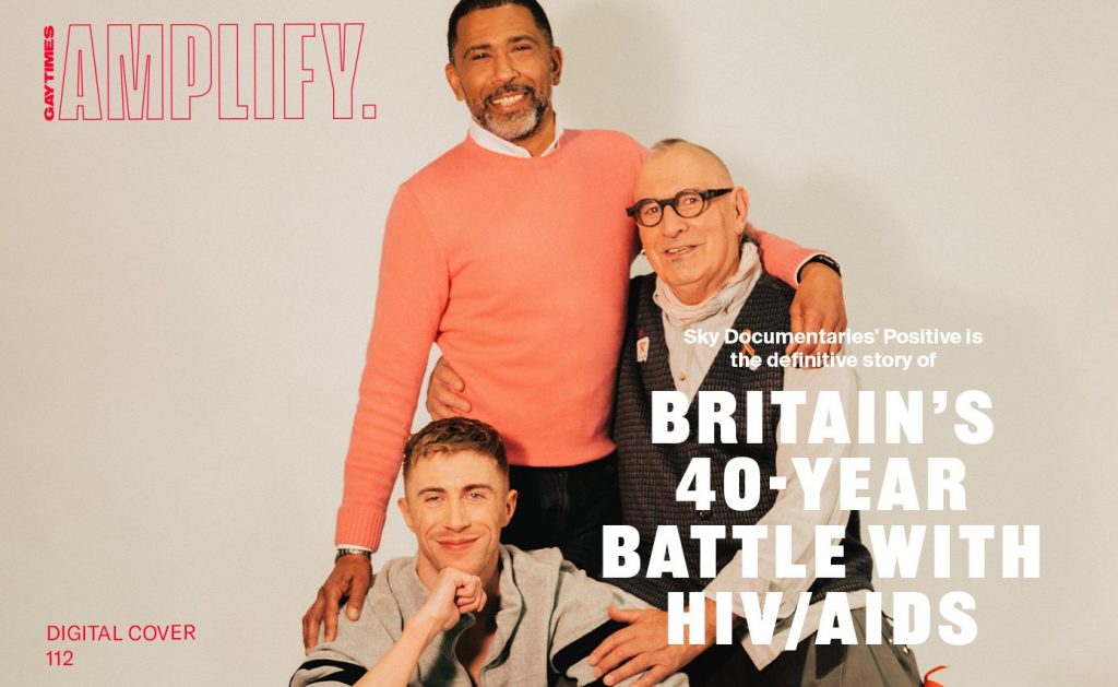 The digital cover of Gay Times in December 2021 - three gay male HIV activists